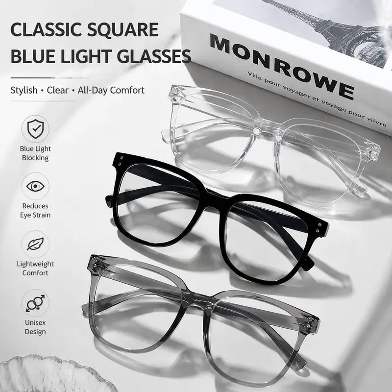 3Pcs Unisex Square Frame Bluelight Glasses - Blue Light Blocking Lenses, Face-Flattering Optical Frames, Stylish Trendy Eyewear, Women'S Fashion Accessory, Square Frame Eyeglasses