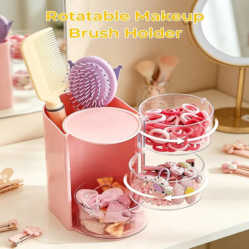 Round Transparent Plastic Kids Makeup & Jewelry Accessory Container - Summer Vibe Limited Edition, Built-In Professional Brush Compartment, Rotatable Main Body, Separated Bins & Drawers, Multi-Capacity Home Organizer
