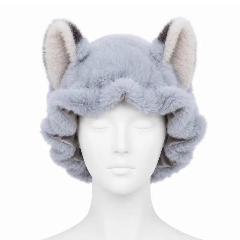 Brand Original Fox Ear Design Plush Satin Hair Bonnet for Sleeping, Soft Fleece Sleep Cap for Women with Satin Lining, Adjustable Elastic Band, anti Frizz Hair Protection Night Cap for Curly Hair, Braids, Natural Hair, Skincare & Lounge。