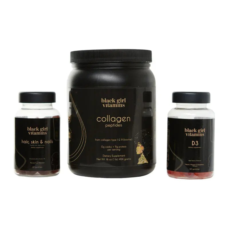 Black Girl Vitamins Beauty Bundle 3-Pack - Collagen Peptides Hair Skin & Nails D3 Supplement for Makeup Cosmetic Needs Edible Healthcare Dietary Fitness Women'S Wellness Healthy Hair Radiant Skin