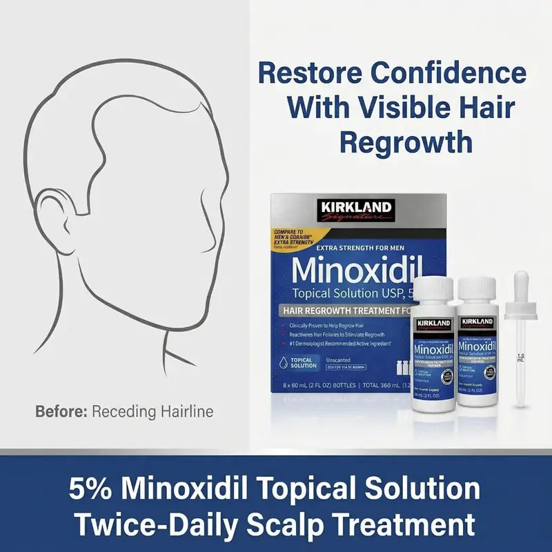 Kirkland Signature 5% Minoxidil Topical Solution for Men - Extra Strength Hair Regrowth Treatment, 6 Bottles (2 Fl Oz Each) 6-Month Supply, Precision Dropper for Daily Grooming, Minodoxil Hair Growth