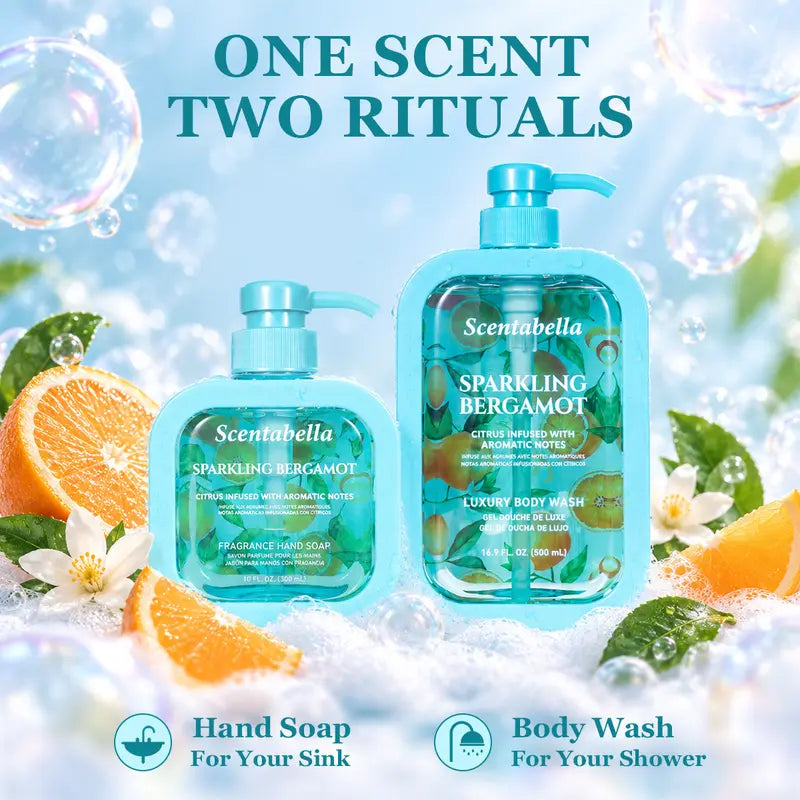 Scentabella Sparkling Bergamot Hand Soap & Body Wash Set | Scented Hand Wash 10 Fl Oz & Luxury Body Wash 16.9 Fl Oz