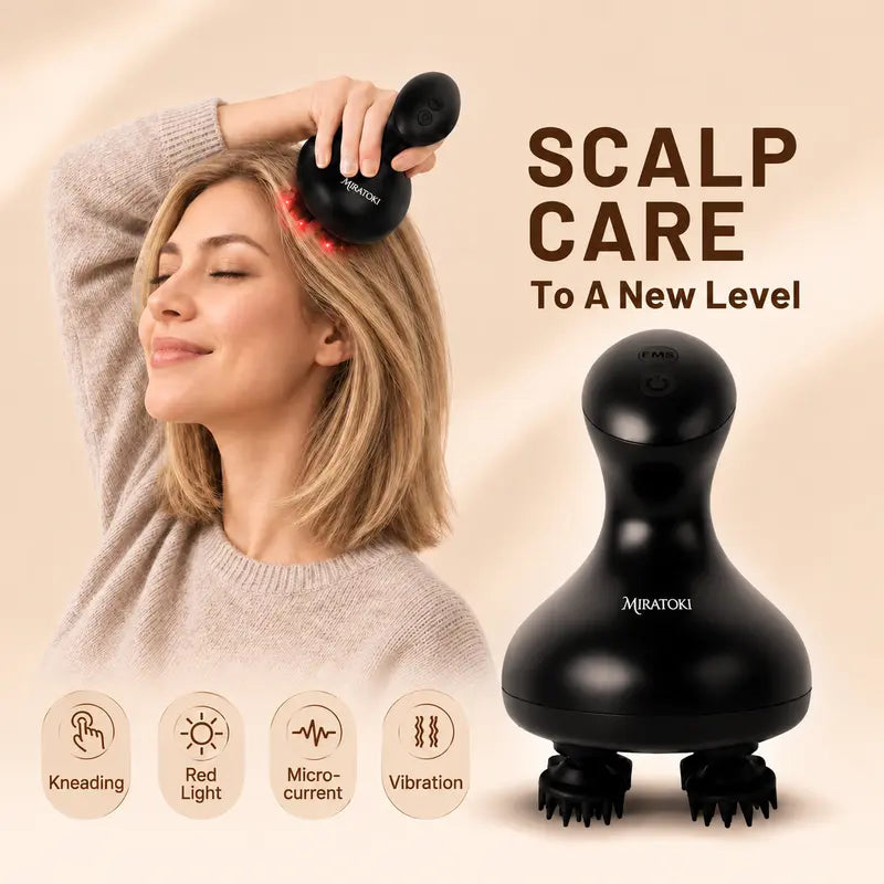 MIRATOKI Cocowave 4-In-1 Handheld Cordless Scalp Massager - Push Button Operation, Shiatsu Kneading, Vibration, Red Light Therapy, Microcurrent Care, IPX8 Waterproof, Lightweight, Daily Use for Shower, Facial & Full-Body, Adults