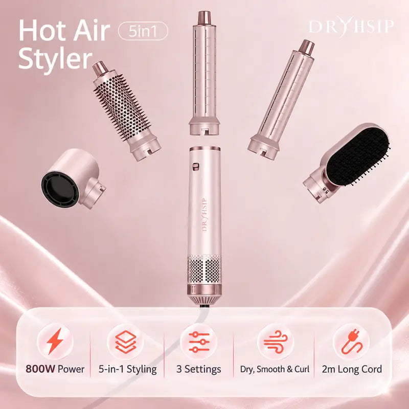 Dryhsip 5-In-1 Portable Thermal Brush Blowout Tool - 800W Hair Styler, Adjustable Temperature Electric Curler, Detachable Oval/Round Brushes, 360° Rotate Cord, Detachable Design for Volume & Smooth Styling
