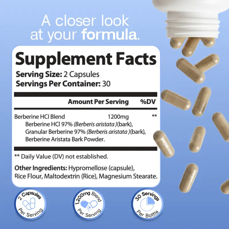 Berberine plus Daily Essential Dietary Supplement - 60 Gentle Natural Botanical Extract Capsules for Everyday Wellness, Vitality & Balance Support