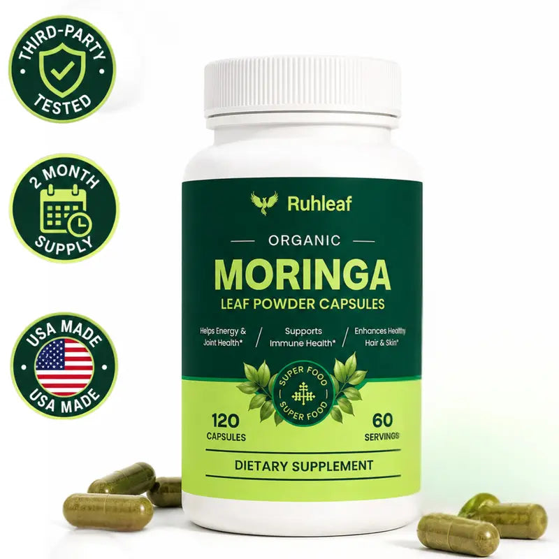Ruhleaf Organic Moringa Capsules 1000Mg - 120 Pure Extract Capsules, 60 Servings, 2-Month Supply, 3Rd-Party Tested, Non-Gmo Vegan Superfood Supplement for Energy, Boosts Immunity, Hair & Skin