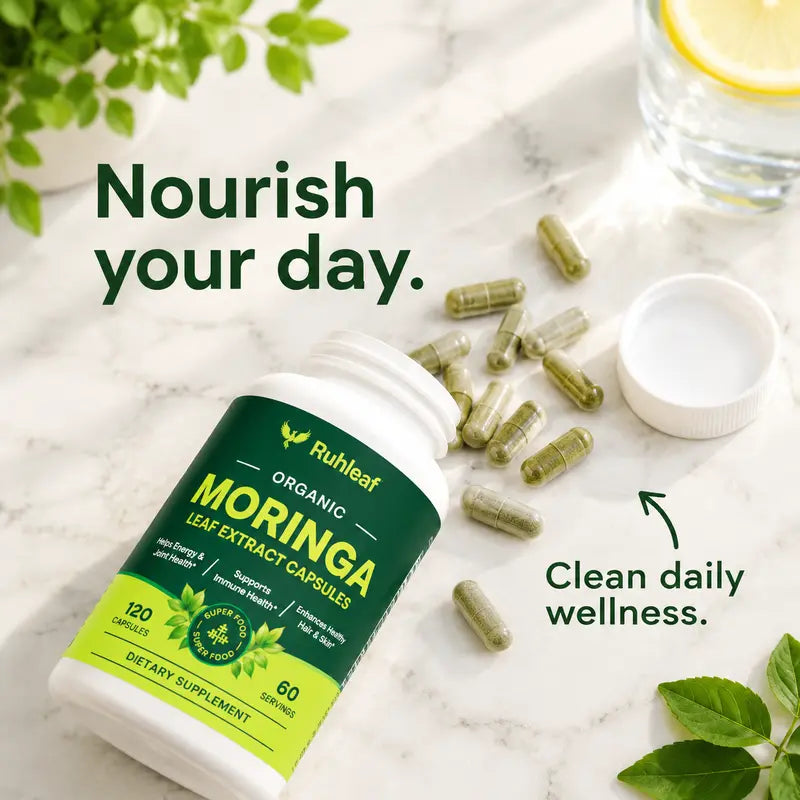 Ruhleaf Organic Moringa Capsules 1000Mg - 120 Pure Extract Capsules, 60 Servings, 2-Month Supply, 3Rd-Party Tested, Non-Gmo Vegan Superfood Supplement for Energy, Boosts Immunity, Hair & Skin