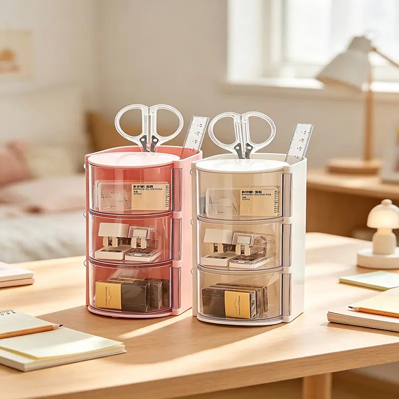 Round Transparent Plastic Kids Makeup & Jewelry Accessory Container - Summer Vibe Limited Edition, Built-In Professional Brush Compartment, Rotatable Main Body, Separated Bins & Drawers, Multi-Capacity Home Organizer