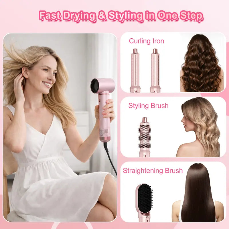 Dryhsip 5-In-1 Portable Thermal Brush Blowout Tool - 800W Hair Styler, Adjustable Temperature Electric Curler, Detachable Oval/Round Brushes, 360° Rotate Cord, Detachable Design for Volume & Smooth Styling