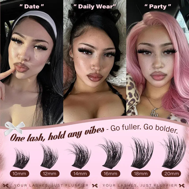 Wtvane Fluffie Lash Cluster Volume Eyelash Extensions 10-20 MM Cluster Eyelash Extensions D Curl Individual Lashes 200D Mega Volume Lash Extensions Wispy Featherlight Volumizing Wild Effect for Bombshell Look Full Glam Makeup