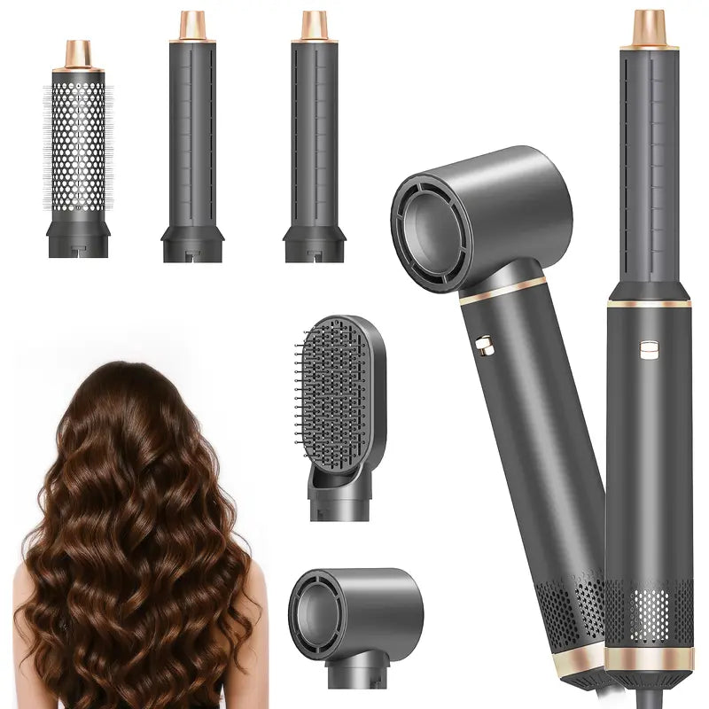 Dryhsip 5-In-1 Portable Thermal Brush Blowout Tool - 800W Hair Styler, Adjustable Temperature Electric Curler, Detachable Oval/Round Brushes, 360° Rotate Cord, Detachable Design for Volume & Smooth Styling