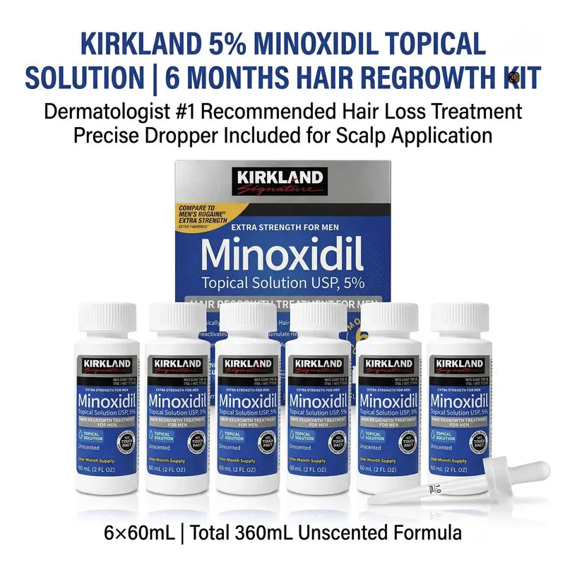 Kirkland Signature 5% Minoxidil Topical Solution for Men - Extra Strength Hair Regrowth Treatment, 6 Bottles (2 Fl Oz Each) 6-Month Supply, Precision Dropper for Daily Grooming, Minodoxil Hair Growth