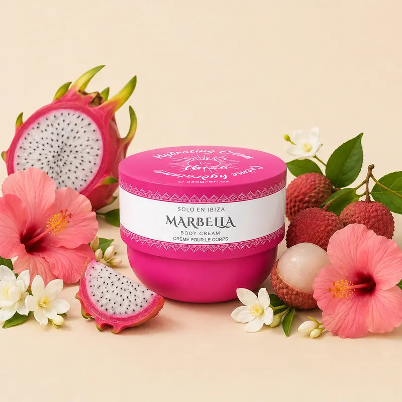 Solo En Ibiza Body Cream 8Oz Hydrating Lotion with Floral & Fruit Fragrance, Lightweight Vegan Body Care for Daily Moisture, Pistachio, Cosmetic, Dragon Fruit, Lychee, Silky, Jasmine, Moisturizers, Hydration, Vitamins, Vanilla