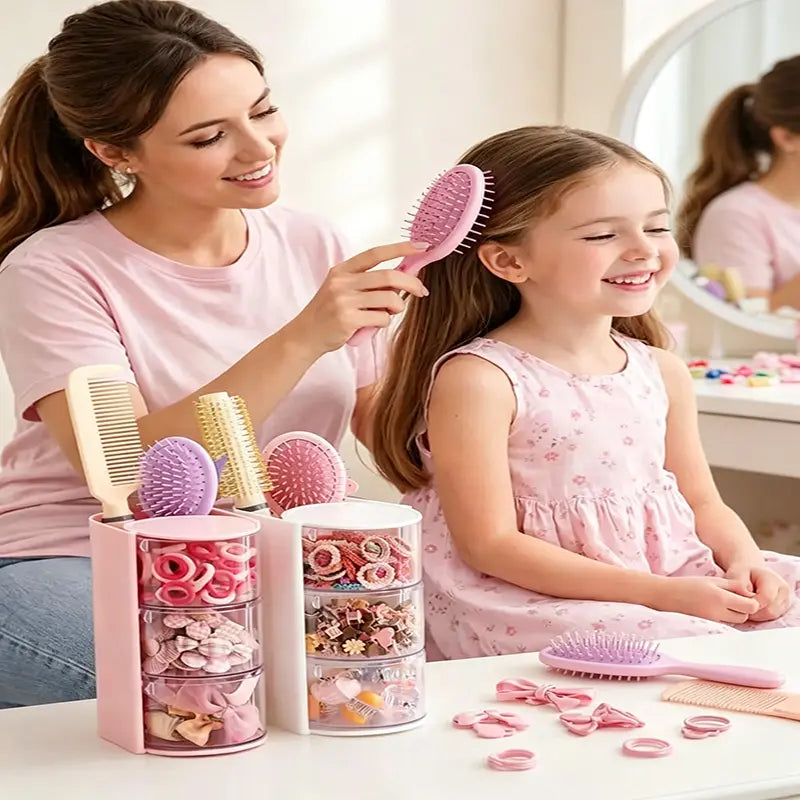 Round Transparent Plastic Kids Makeup & Jewelry Accessory Container - Summer Vibe Limited Edition, Built-In Professional Brush Compartment, Rotatable Main Body, Separated Bins & Drawers, Multi-Capacity Home Organizer