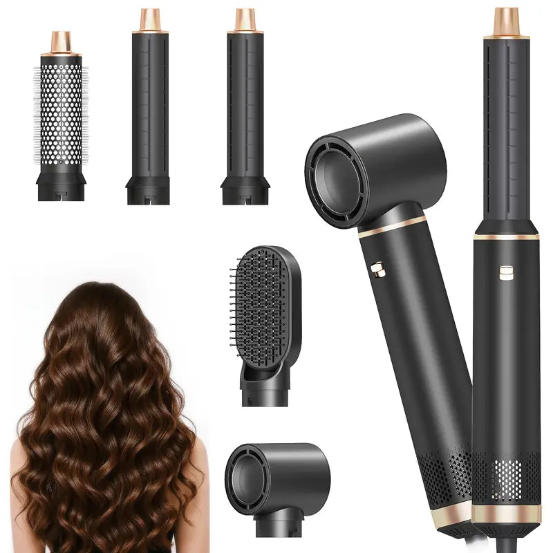 Dryhsip 5-In-1 Portable Thermal Brush Blowout Tool - 800W Hair Styler, Adjustable Temperature Electric Curler, Detachable Oval/Round Brushes, 360° Rotate Cord, Detachable Design for Volume & Smooth Styling