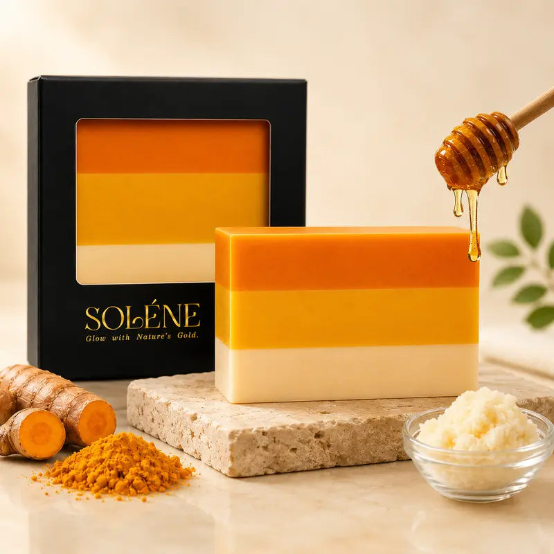 Soléne Turmeric Blend & Kojic Acid Cleansing Bar with Honey, Shea Butter - Brightening Face & Body Soap for Uneven-Looking All Skins - Bath & Body Care Cleanser