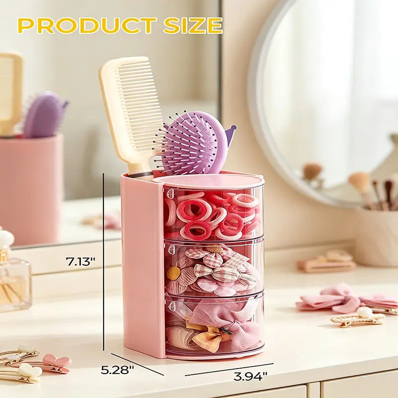 Round Transparent Plastic Kids Makeup & Jewelry Accessory Container - Summer Vibe Limited Edition, Built-In Professional Brush Compartment, Rotatable Main Body, Separated Bins & Drawers, Multi-Capacity Home Organizer
