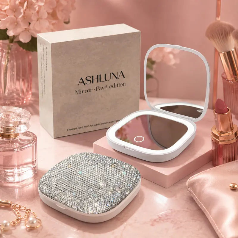 ASHLUNA Handmade Rhinestone Lighted Compact Handheld Mirror - USB & Mobile Light Accessory, 3X Magnified Rechargeable HD Slim Travel Magnifying Mirror with LED Lighting, Gym Touch-Up Essential Mother’S Day Gift, Travel Magnifying Mirror with Light