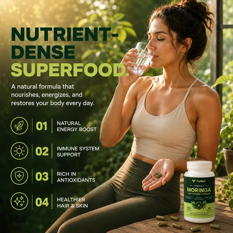 Ruhleaf Organic Moringa Capsules 1000Mg - 120 Pure Extract Capsules, 60 Servings, 2-Month Supply, 3Rd-Party Tested, Non-Gmo Vegan Superfood Supplement for Energy, Boosts Immunity, Hair & Skin