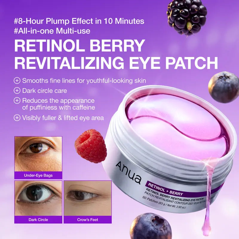 [Anua] Retinol Berry Revitalizing Eye Patch for Wrinkle and Dark Circles(60Ea), 8Hour Plumping Effect in 10 Minutes, Fuller Looking & Lifted Skin, Hyal-Plumping Effect, Brightens Undereye by Antioxidant Berry Extracts, Relieves Puffiness with Caffeine