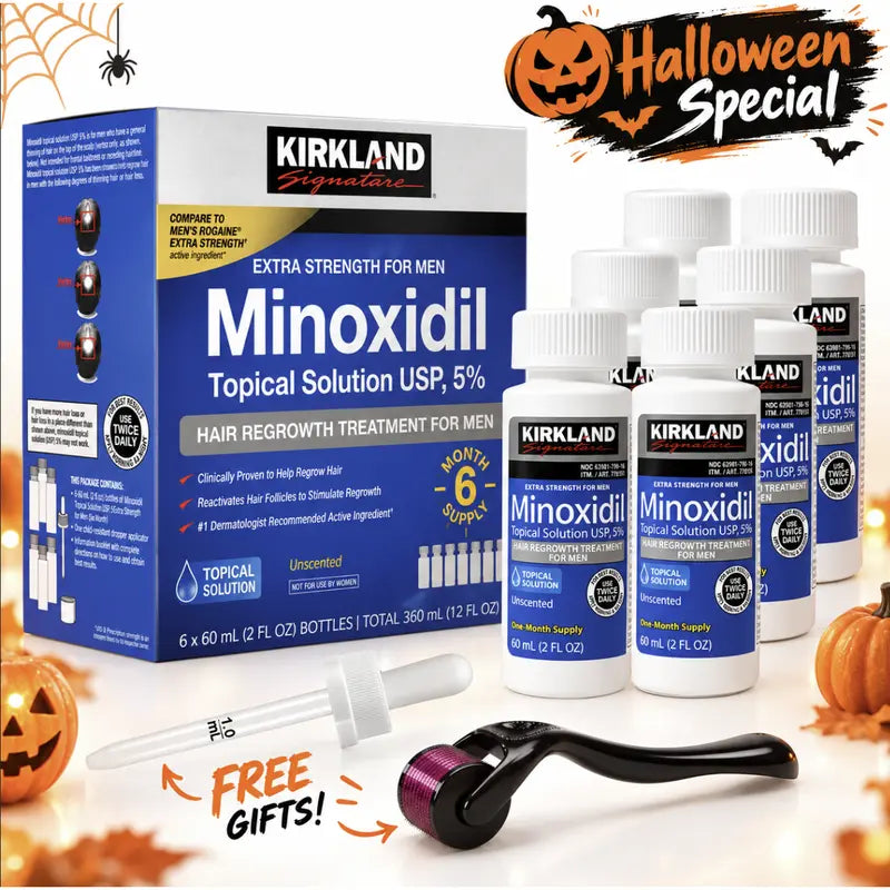 Kirkland Signature 5% Minoxidil Topical Solution for Men - Extra Strength Hair Regrowth Treatment, 6 Bottles (2 Fl Oz Each) 6-Month Supply, Precision Dropper for Daily Grooming, Minodoxil Hair Growth