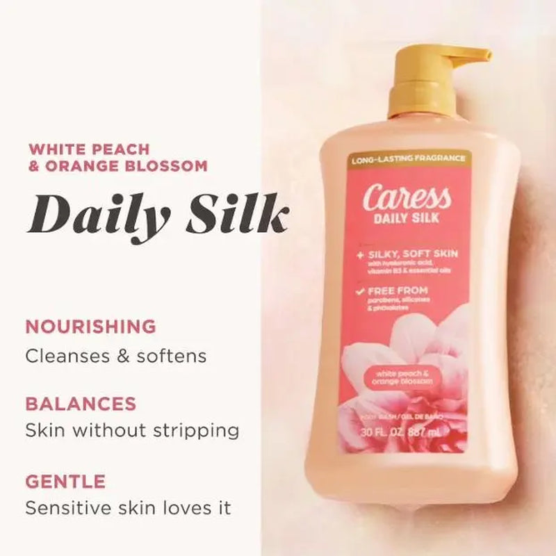 Caress Daily Silk Hydrating Body Wash - White Peach & Orange Blossom Scent, 30 Fl. Oz., 2-Pack Bath & Shower Cleanser