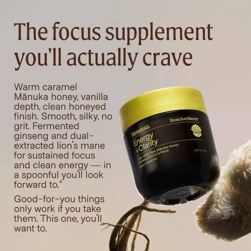 Manukora Energy + Clarity Blend - Ginseng, Lion'S Mane & Manuka Honey - Focus and Cognitive Support Supplement - 6Oz