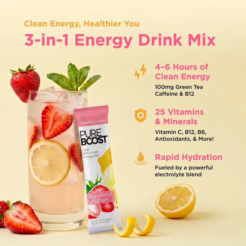 Pureboost Original Strawberry Lemonade, Sugar-Free Clean Energy Drink with Natural Caffeine