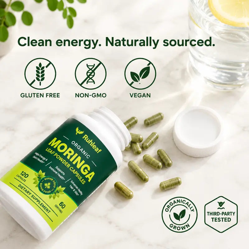 Ruhleaf Organic Moringa Capsules 1000Mg - 120 Pure Extract Capsules, 60 Servings, 2-Month Supply, 3Rd-Party Tested, Non-Gmo Vegan Superfood Supplement for Energy, Boosts Immunity, Hair & Skin