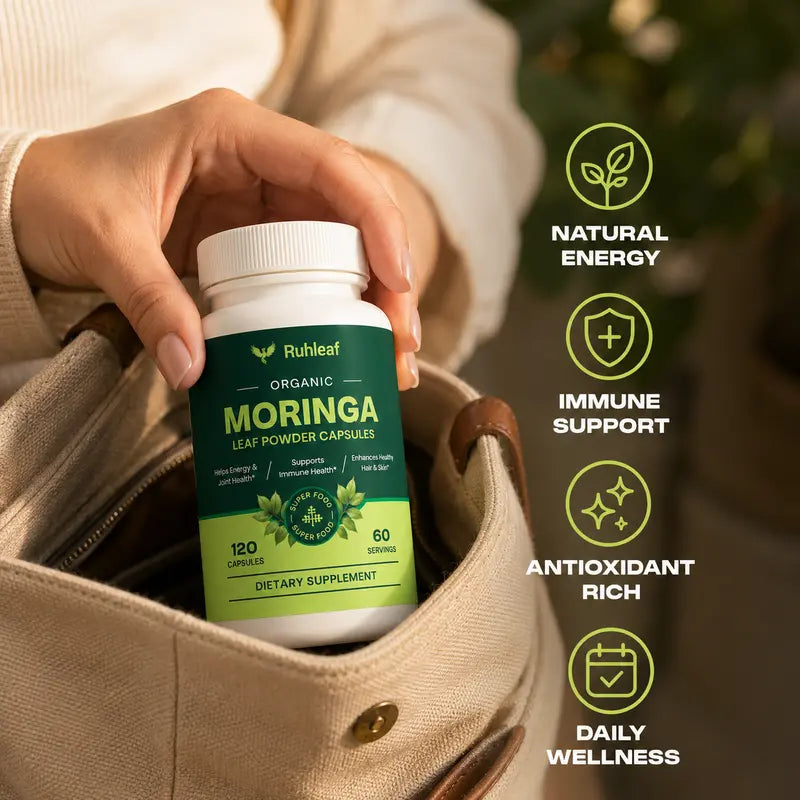 Ruhleaf Organic Moringa Capsules 1000Mg - 120 Pure Extract Capsules, 60 Servings, 2-Month Supply, 3Rd-Party Tested, Non-Gmo Vegan Superfood Supplement for Energy, Boosts Immunity, Hair & Skin