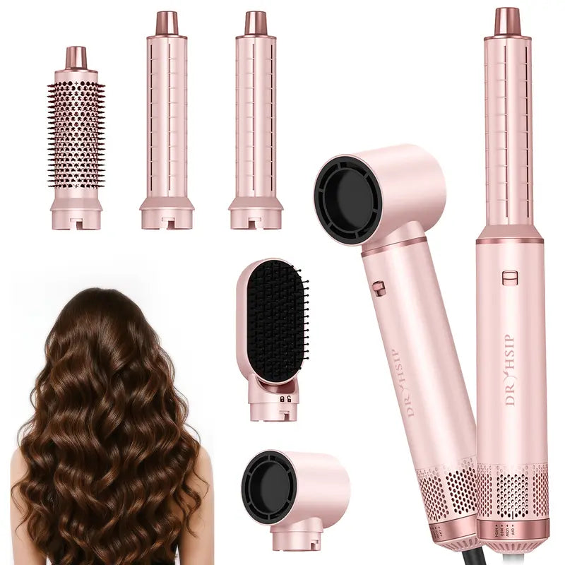 Dryhsip 5-In-1 Portable Thermal Brush Blowout Tool - 800W Hair Styler, Adjustable Temperature Electric Curler, Detachable Oval/Round Brushes, 360° Rotate Cord, Detachable Design for Volume & Smooth Styling