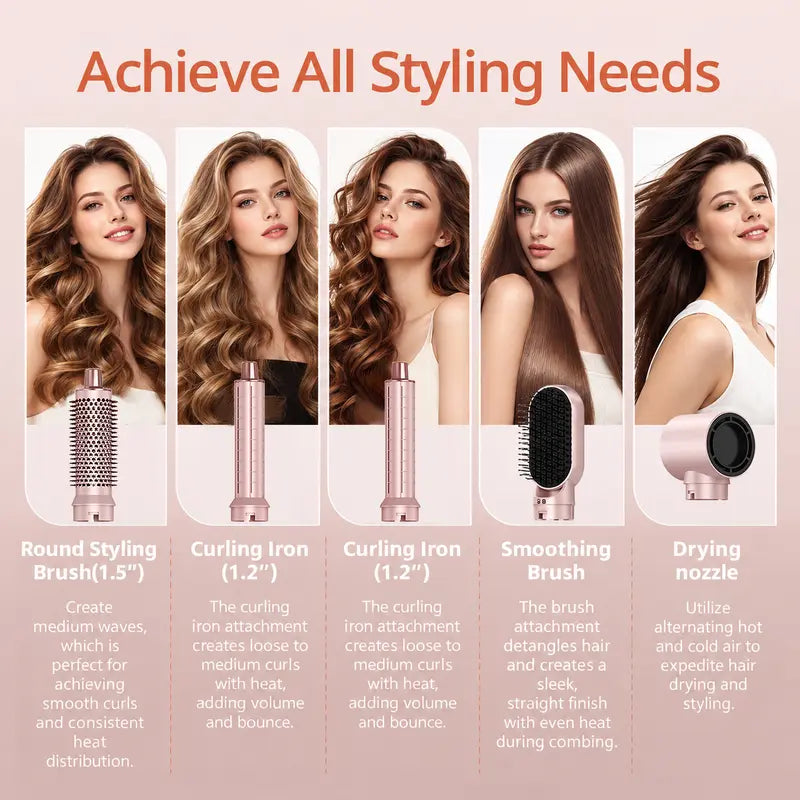 Dryhsip 5-In-1 Portable Thermal Brush Blowout Tool - 800W Hair Styler, Adjustable Temperature Electric Curler, Detachable Oval/Round Brushes, 360° Rotate Cord, Detachable Design for Volume & Smooth Styling