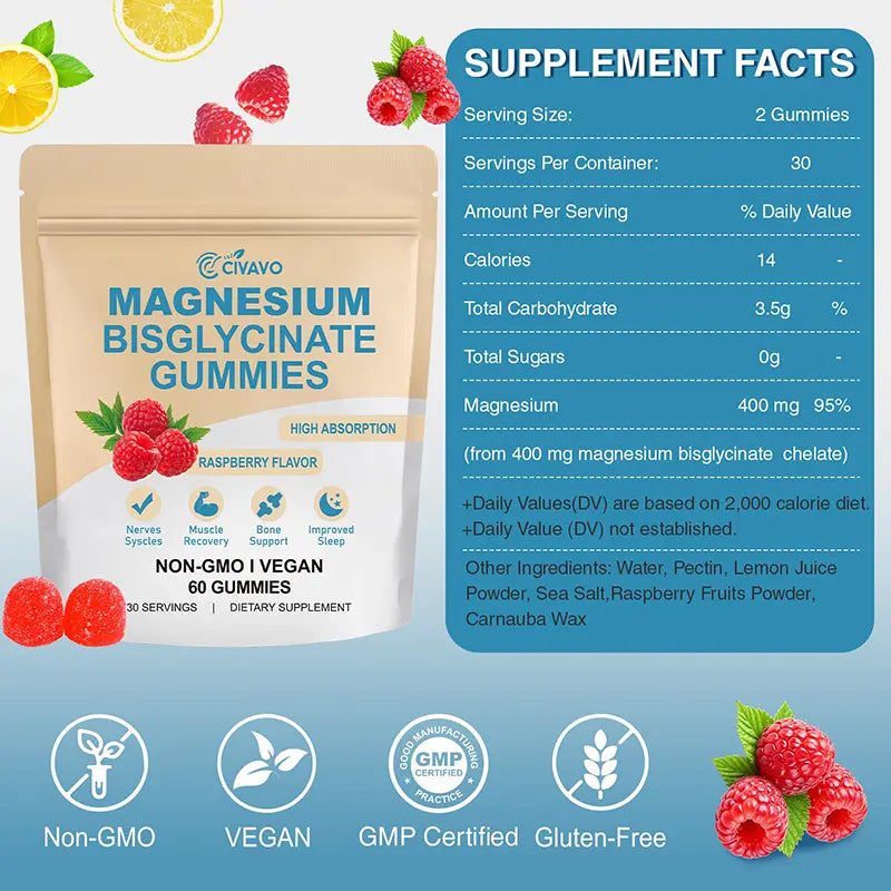 Magnesium Bisglycinate Gummies with 400Mg Magnesium Bisglycinate Chelate for Sleep – Supplements with Sea Salt, Raspberry Fruit Powder, Improve Sleep & Nervous, Relax Muscles, Strengthen Bones, Vegan, for Women & Men, 60 Gummies Healthcare Dietary