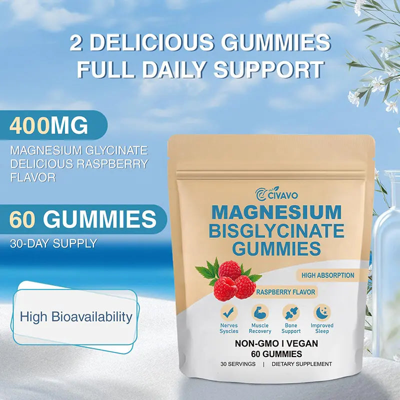 Magnesium Bisglycinate Gummies with 400Mg Magnesium Bisglycinate Chelate for Sleep – Supplements with Sea Salt, Raspberry Fruit Powder, Improve Sleep & Nervous, Relax Muscles, Strengthen Bones, Vegan, for Women & Men, 60 Gummies Healthcare Dietary