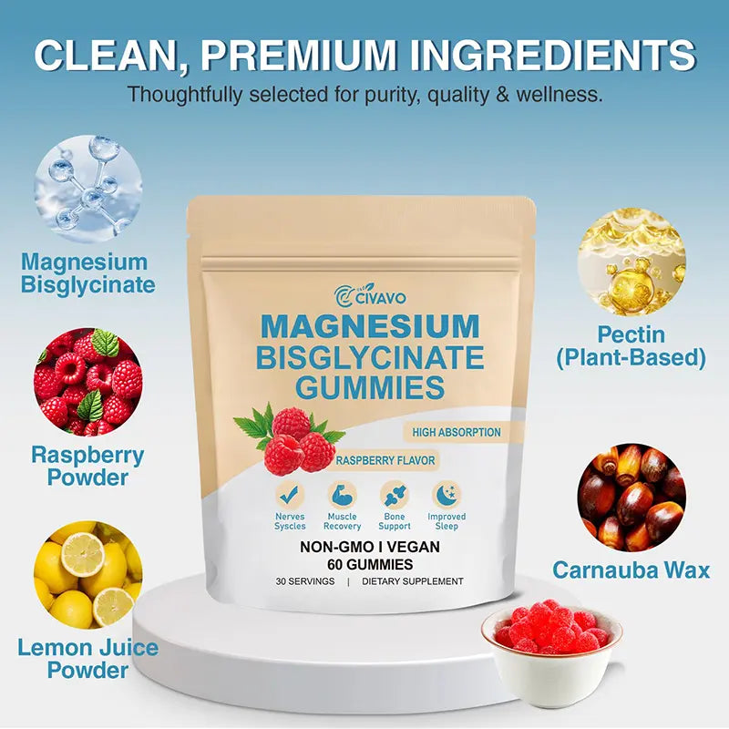 Magnesium Bisglycinate Gummies with 400Mg Magnesium Bisglycinate Chelate for Sleep – Supplements with Sea Salt, Raspberry Fruit Powder, Improve Sleep & Nervous, Relax Muscles, Strengthen Bones, Vegan, for Women & Men, 60 Gummies Healthcare Dietary