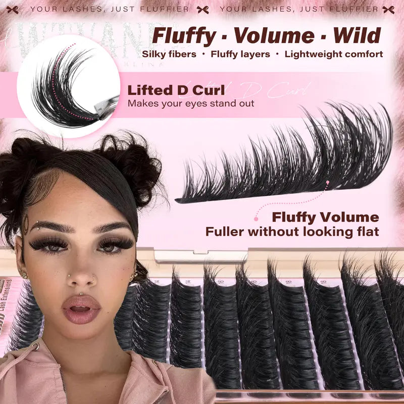 Wtvane Fluffie Lash Cluster Volume Eyelash Extensions 10-20 MM Cluster Eyelash Extensions D Curl Individual Lashes 200D Mega Volume Lash Extensions Wispy Featherlight Volumizing Wild Effect for Bombshell Look Full Glam Makeup
