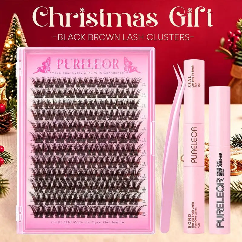 PURELEOR Black Brown Cluster Lashes,C-Curl Individual Volume Eyelashes Extensions,Self DIY Lash Mixed Length 10-12-14-16Mm, Lightweight Natural Soft for Christmas Party & Daily Life, for All Eye Shapes,Familyfun