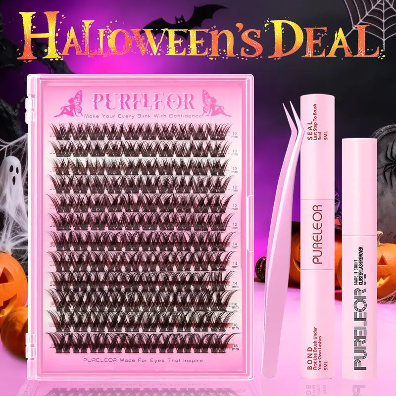 PURELEOR Black Brown Cluster Lashes,C-Curl Individual Volume Eyelashes Extensions,Self DIY Lash Mixed Length 10-12-14-16Mm, Lightweight Natural Soft for Christmas Party & Daily Life, for All Eye Shapes,Familyfun