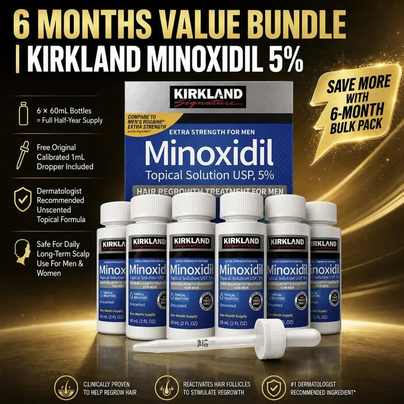 Kirkland Signature 5% Minoxidil Topical Solution for Men - Extra Strength Hair Regrowth Treatment, 6 Bottles (2 Fl Oz Each) 6-Month Supply, Precision Dropper for Daily Grooming, Minodoxil Hair Growth