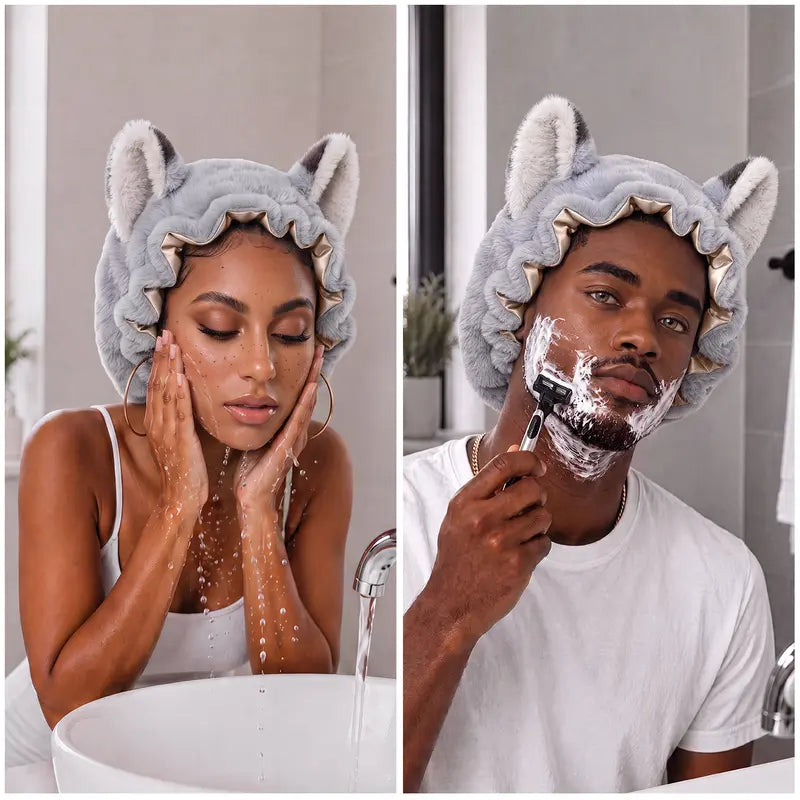 Brand Original Fox Ear Design Plush Satin Hair Bonnet for Sleeping, Soft Fleece Sleep Cap for Women with Satin Lining, Adjustable Elastic Band, anti Frizz Hair Protection Night Cap for Curly Hair, Braids, Natural Hair, Skincare & Lounge。