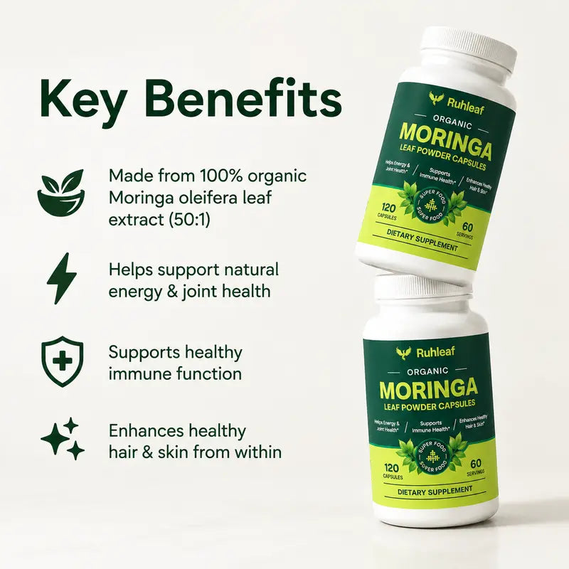 Ruhleaf Organic Moringa Capsules 1000Mg - 120 Pure Extract Capsules, 60 Servings, 2-Month Supply, 3Rd-Party Tested, Non-Gmo Vegan Superfood Supplement for Energy, Boosts Immunity, Hair & Skin