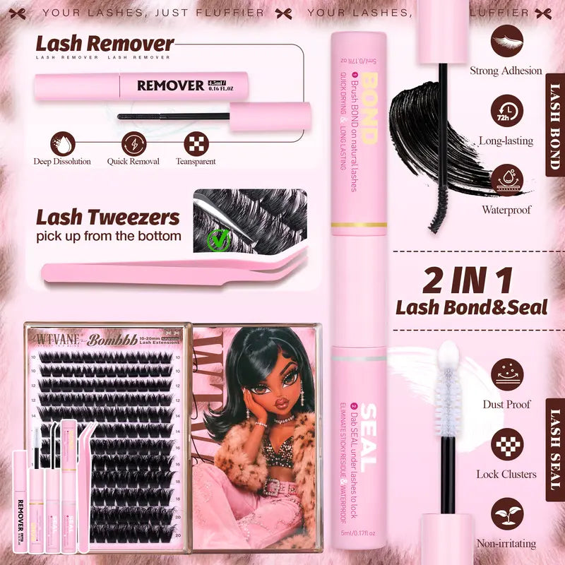 Wtvane Fluffie Lash Cluster Volume Eyelash Extensions 10-20 MM Cluster Eyelash Extensions D Curl Individual Lashes 200D Mega Volume Lash Extensions Wispy Featherlight Volumizing Wild Effect for Bombshell Look Full Glam Makeup