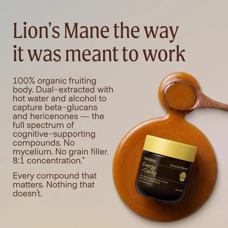 Manukora Energy + Clarity Blend - Ginseng, Lion'S Mane & Manuka Honey - Focus and Cognitive Support Supplement - 6Oz