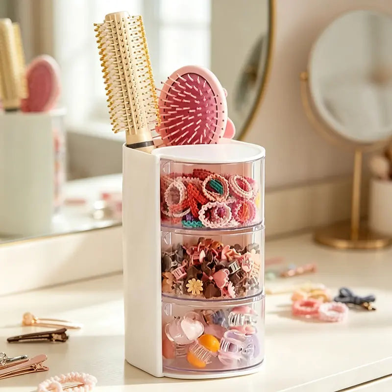 Round Transparent Plastic Kids Makeup & Jewelry Accessory Container - Summer Vibe Limited Edition, Built-In Professional Brush Compartment, Rotatable Main Body, Separated Bins & Drawers, Multi-Capacity Home Organizer