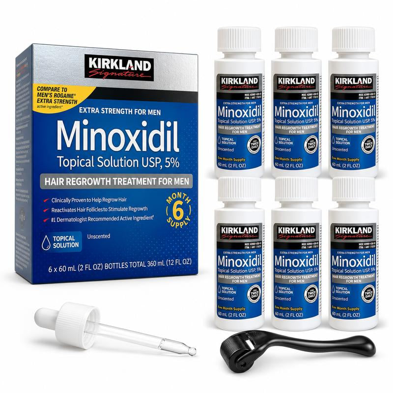 Kirkland Signature 5% Minoxidil Topical Solution for Men - Extra Strength Hair Regrowth Treatment, 6 Bottles (2 Fl Oz Each) 6-Month Supply, Precision Dropper for Daily Grooming, Minodoxil Hair Growth
