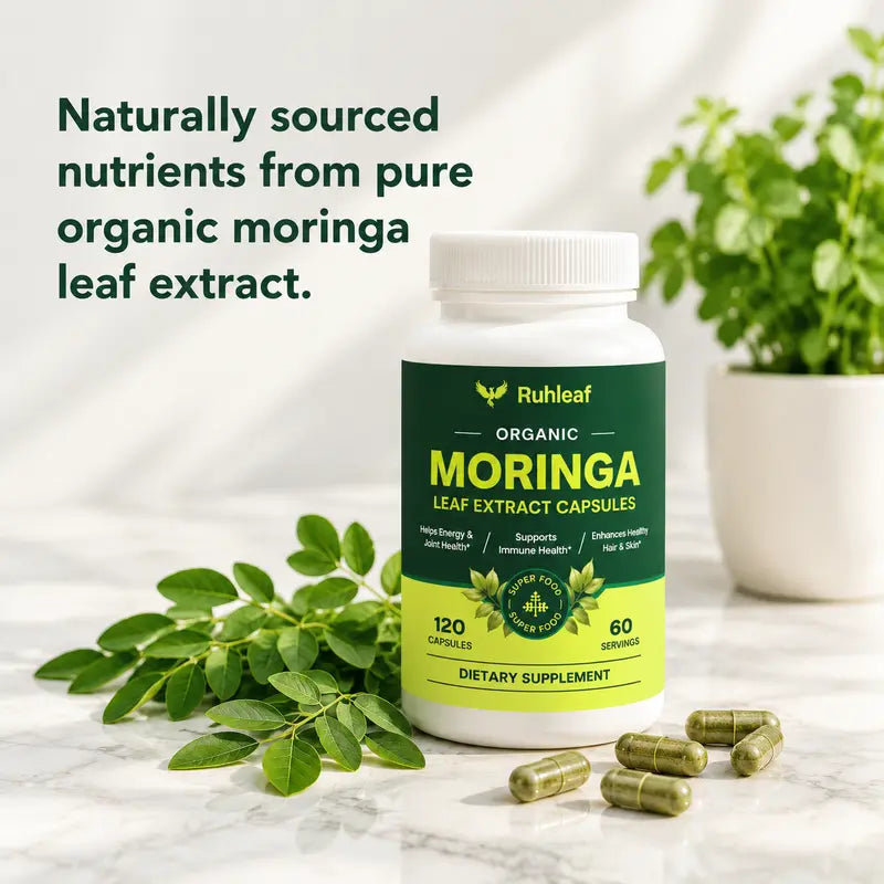 Ruhleaf Organic Moringa Capsules 1000Mg - 120 Pure Extract Capsules, 60 Servings, 2-Month Supply, 3Rd-Party Tested, Non-Gmo Vegan Superfood Supplement for Energy, Boosts Immunity, Hair & Skin