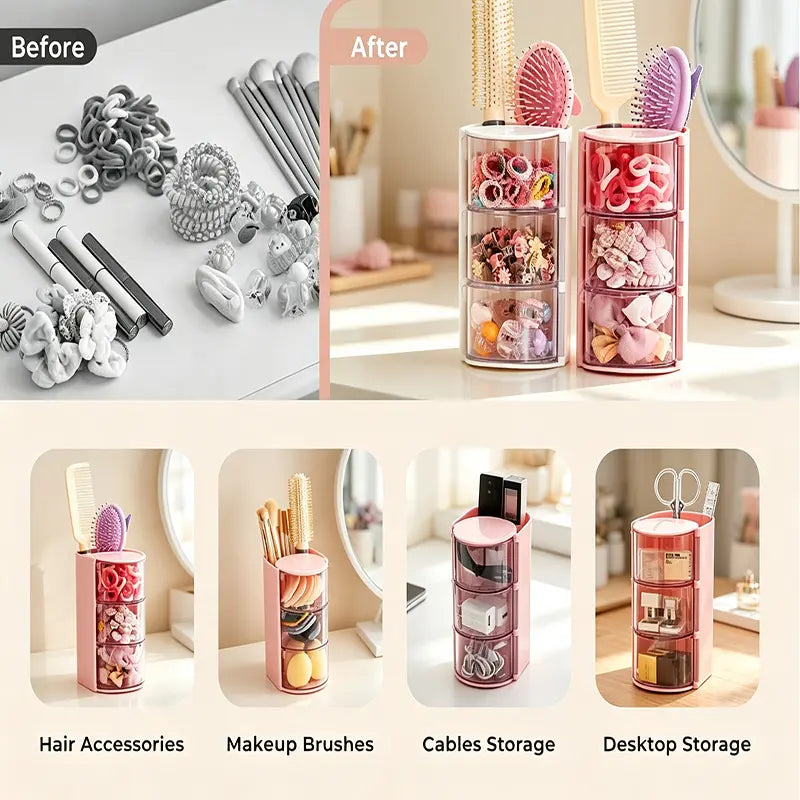 Round Transparent Plastic Kids Makeup & Jewelry Accessory Container - Summer Vibe Limited Edition, Built-In Professional Brush Compartment, Rotatable Main Body, Separated Bins & Drawers, Multi-Capacity Home Organizer