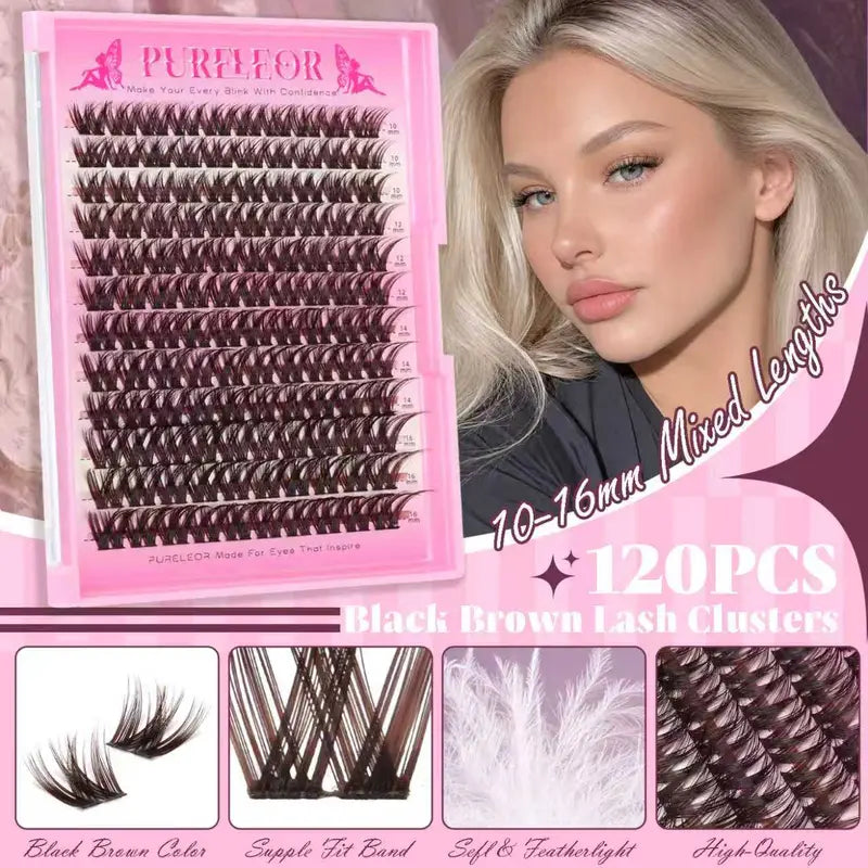 PURELEOR Black Brown Cluster Lashes,C-Curl Individual Volume Eyelashes Extensions,Self DIY Lash Mixed Length 10-12-14-16Mm, Lightweight Natural Soft for Christmas Party & Daily Life, for All Eye Shapes,Familyfun