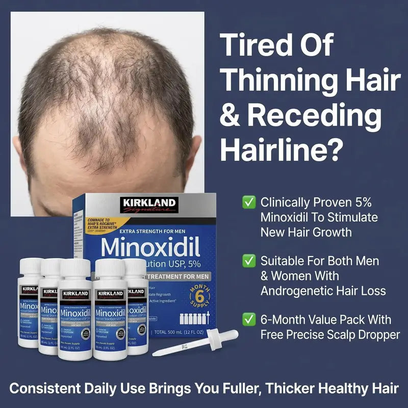 Kirkland Signature 5% Minoxidil Topical Solution for Men - Extra Strength Hair Regrowth Treatment, 6 Bottles (2 Fl Oz Each) 6-Month Supply, Precision Dropper for Daily Grooming, Minodoxil Hair Growth