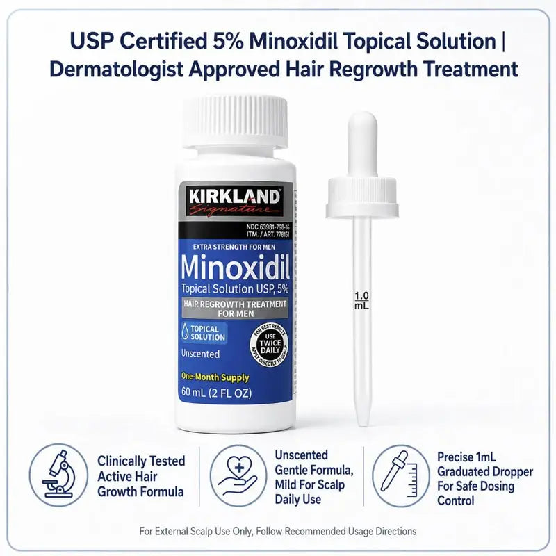 Kirkland Signature 5% Minoxidil Topical Solution for Men - Extra Strength Hair Regrowth Treatment, 6 Bottles (2 Fl Oz Each) 6-Month Supply, Precision Dropper for Daily Grooming, Minodoxil Hair Growth